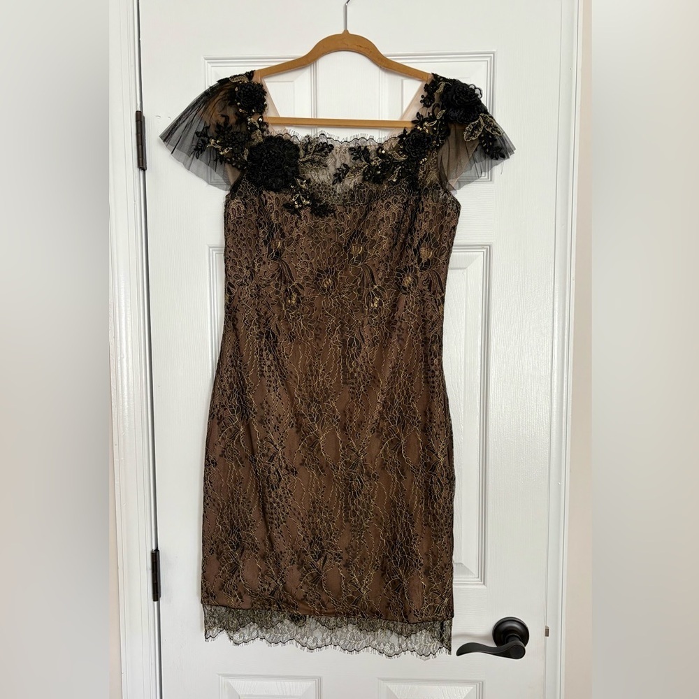NWT Marchesa Notte Tulle-Trimmed Guipure Lace Cocktail Dress Black/Brown Sz 12
